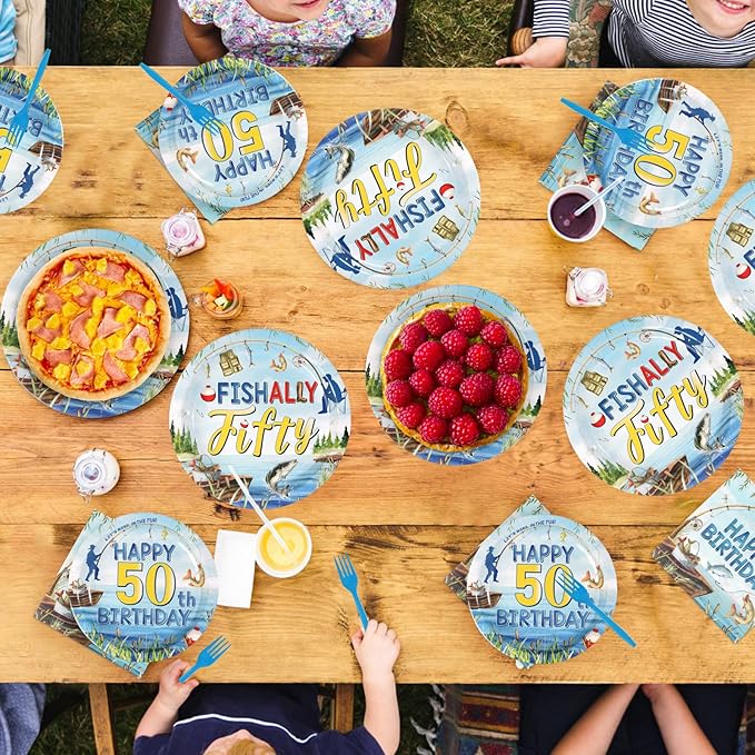 96Pcs Fishing 50th Birthday Party Decorations 50 Years Old Paper Plates and Napkins Disposable Gone Fishing Fifty Tableware Set for Fisherman Happy 50th Birthday Party Supplies, Serves 24