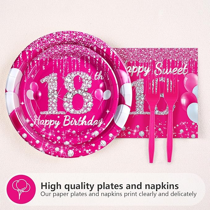 Grencian 96 Pcs 18th Birthday Party Supplies Hot Pink Sweet 18 Years Old Plates and Napkins Disposable Tableware Set Eighteen Birthday Decorations for Girls Happy 18th Birthday Party Favors Serves 24
