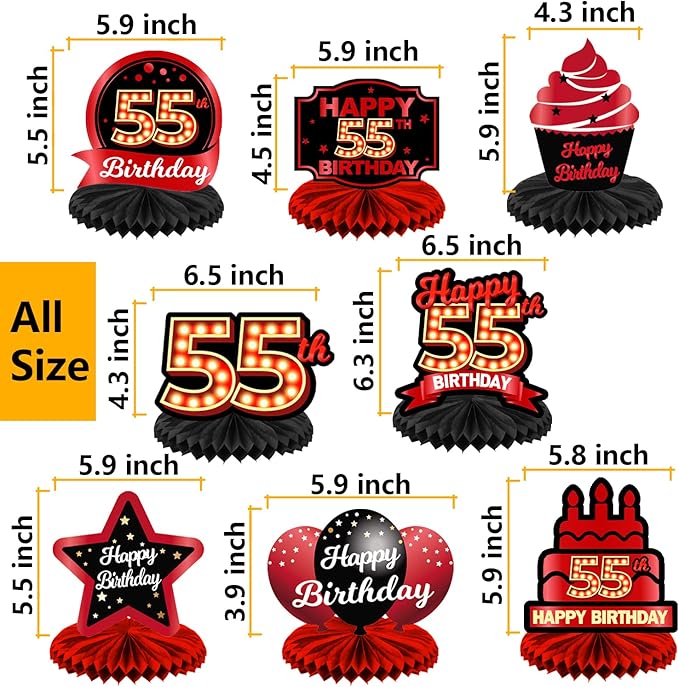 Happy 55th Birthday Red and Black Table Honeycomb Centerpieces Balloons Theme Decor Table Decorations Table Toppers for Girls Women Princess 55 Years Old Birthday Party Bday Supplies Background Gold