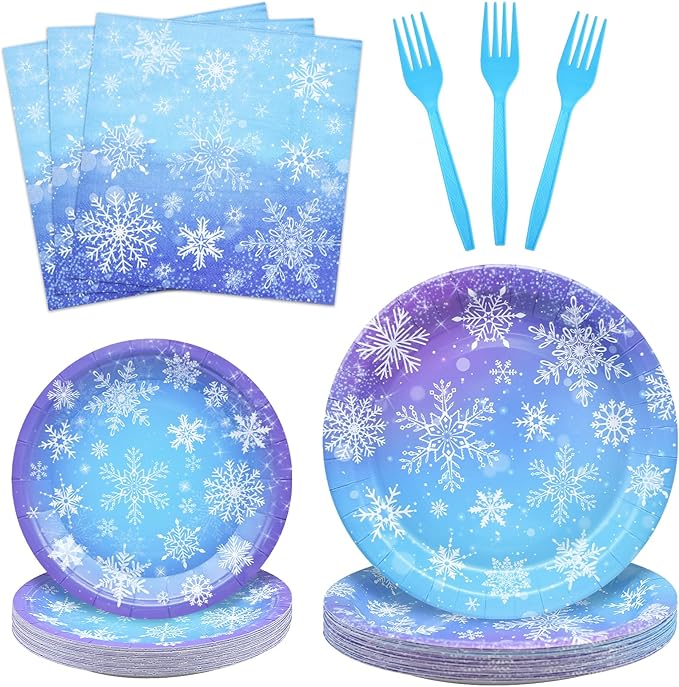 96 Pieces Snowflake Winter Party Supplies Set - Blue White Snowflake Design Disposable Tableware with Paper Plates, Napkins, Forks for Christmas, Winter Wonderland, Frozen-Themed Birthday Decorations