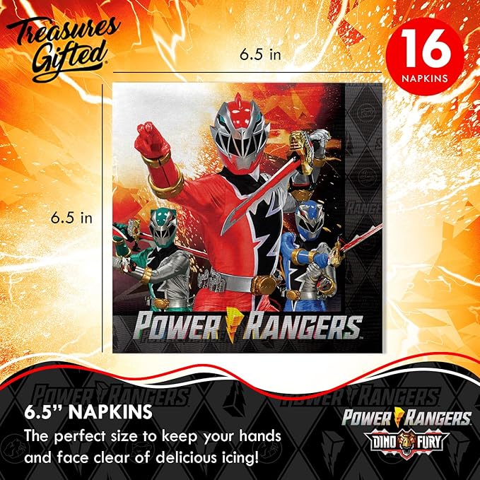 Treasures Gifted Officially Licensed Power Rangers Party Supplies - Pack of 16 Napkins - Power Rangers Birthday Decorations - 6.5in x 6.5in Paper Napkins