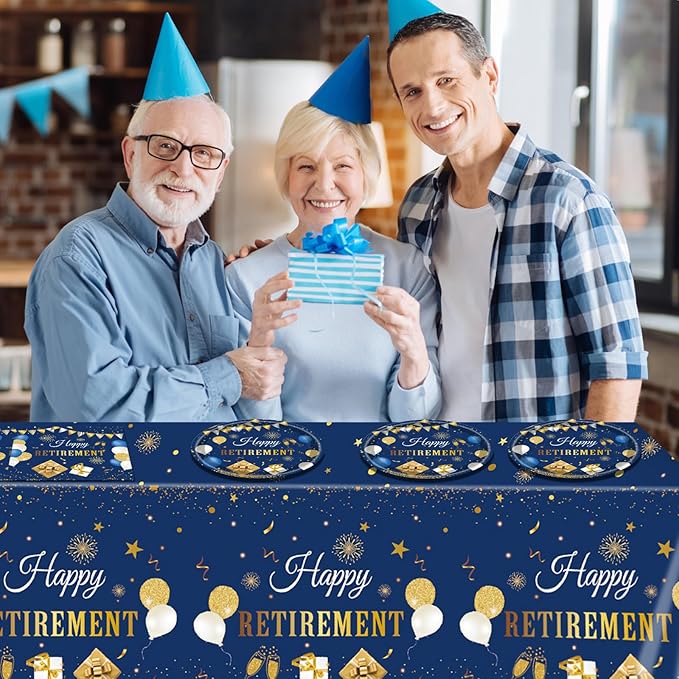 41PCS Retirement Decorations For Women Men Blue Gold Happy Retirement Party Supplies Decor Napkins Plates Tablecloth Tableware Set Serves 20