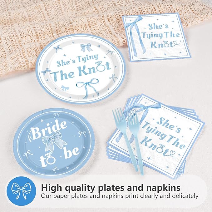 Grencian 96 Pcs Blue Bow Bridal Shower Decorations Blue Bow Bride to Be Party Plates She Tying The Knot Paper Tableware for Bride Groom Bachelorette Party Wedding Engagement Decorations Serves 24