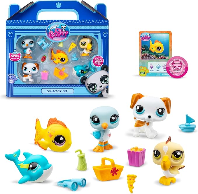 BANDAI Littlest Pet Shop Collectors 5 Pack Beach Besties, The Pack Contains 5 LPS Mini Pet Toys 7 Accessories 1 Collector Card and 1 Virtual Code, Collectable Toys for Girls and Boys