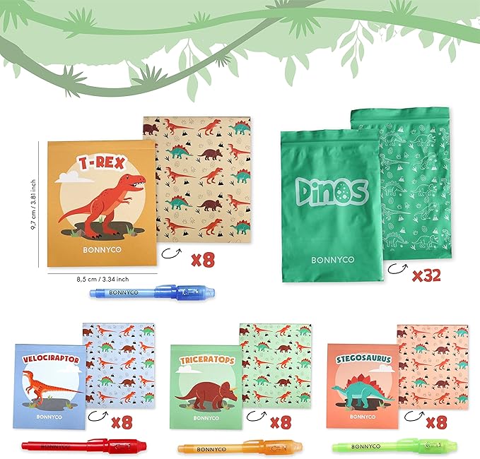 BONNYCO Invisible Ink Pen and Notebook Pack 32, Dinosaur Party Favors for Kids. Magic Spy Pen Goodie Bags Stuffers for Kids, Dinosaur Birthday Party Supplies. Goody Bag Stuffers, Return Gifts Prizes