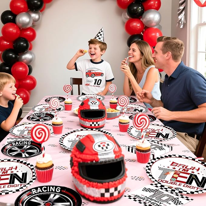 Grencian 96Pcs Race Car 10th Birthday Party Supplies Bruh I’m Ten Plates and Napkins Racing Car Double Digits Tableware for 10 year old Boys Racing Car Birthday Party Decorations Serve 24