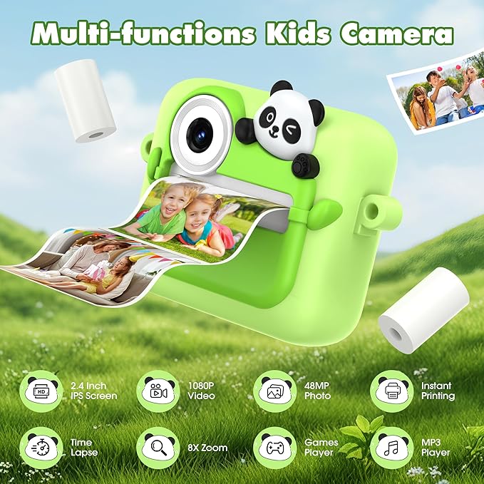 Kids Camera Instant Photo Printing,HD Digital Video Dual Cameras with Panda Silicone Case,Kids Digital Camera That Print Photos Easter Birthday Gift for Boys and Girls with 32GB SD&3 Rolls Print Paper