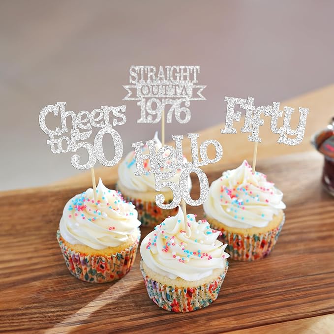 Ephlyn 24Pcs Happy 50th Birthday Cupcake Toppers Glitter Straight Outta 1976 Cupcake Picks Hello 50 Cheers to 50 Years Birthday Cake Decorations for 50th Birthday Anniversary Party Supplies Silver