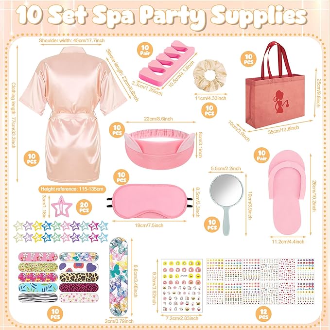 122 Pcs Champagne Pink Girls Spa Party Kit, 10-Pack Slumber Party Favors with Satin Robes, Tote Bags, and Nail Salon Accessories for Kids Spa Birthday, Halloween, Home Party Supplies