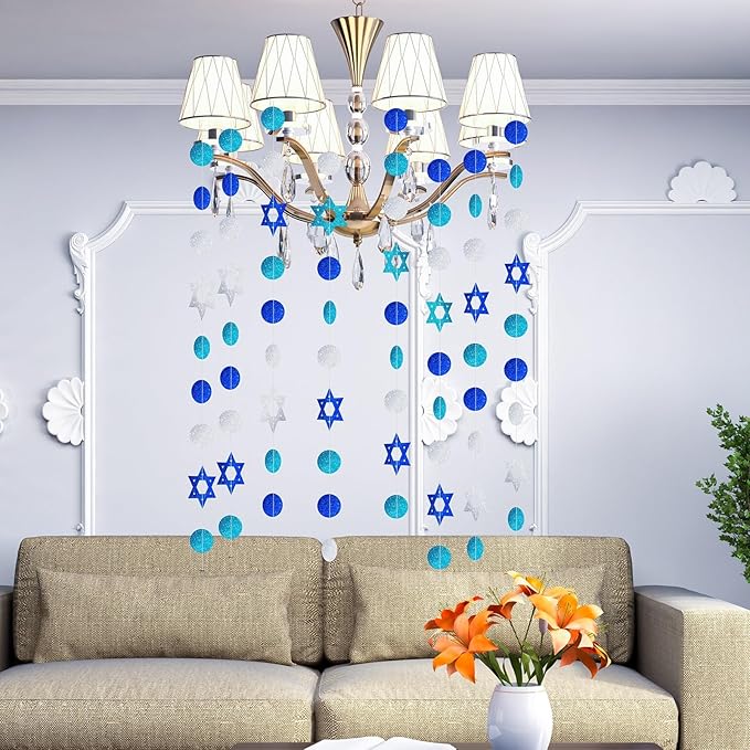 MARFOREVER 41 Ft Hanukkah Decorations Hanging Banner 5 PCS Chanukah Decorations Glitter Blue White Star of David Streamers Swirls Hanukkah Garland for Jewish Party Home Wall Ceiling Decor