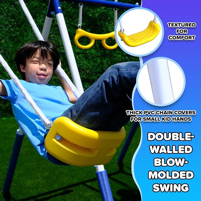 Sportspower Super 9 Metal Swing Set for Outdoor Backyard Play: Teeter Totter, Glide Ride, Roman Glider, Standing Swing, Trapeze, 5ft Slide, Anchor Kit, 7.5' D × 17.1' W × 6.1' H