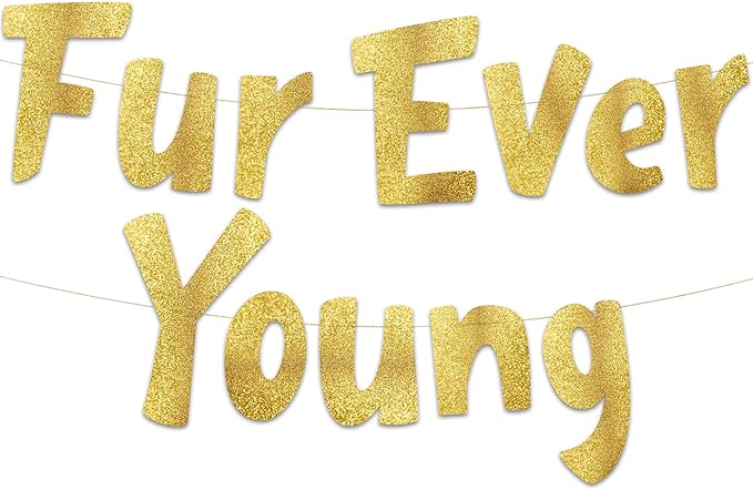 Pre-Strung Furever Young Gold Glitter Banner - Funny Birthday Decorations for Men and Women - Party Supplies and Gifts