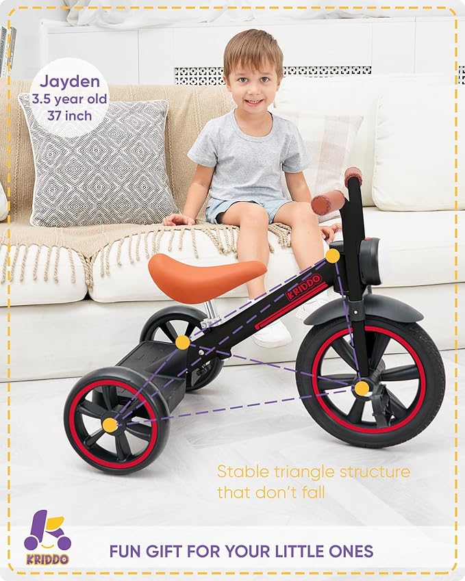 KRIDDO Kids Tricycle, 12 Inch Puncture Free Wheel w Front Light, Adjustable Seat Height, Gift for 2-5 Year Olds, Trike for Toddlers, Black