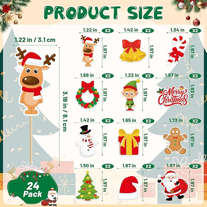 24 Pcs Christmas Cupcake Toppers, Xmas Cake Decorations Toothpicks with Santa Claus Snowman Bells Gingerbread Designs, Christmas Cake Topper Picks for New Year Holiday Party Decorations Supplies