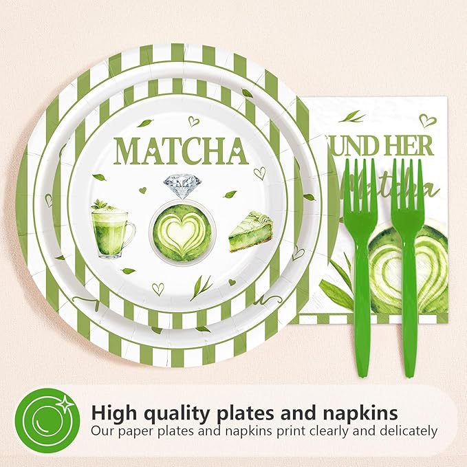 96Pcs Green Matcha Party Supplies She Found Her Perfect Matcha Plates and Napkins Green White Tableware Set for Bridal Shower Wedding Engagement Anniversary Party Decorations Serves 24