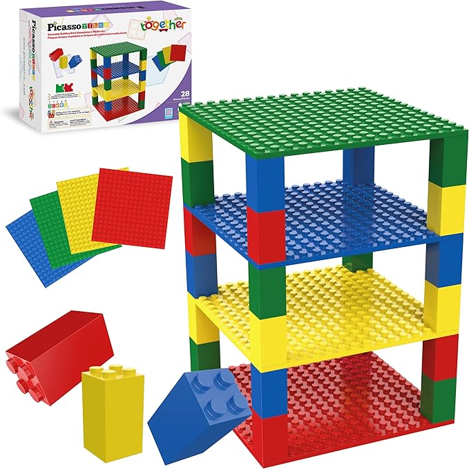 PicassoTiles Building Blocks Classic Brick 28PC Stackable Platform Foundation Base Plate Multi Color Set for Build Block Bricks Compatible with All Major Brands STEM Construction Kit Kids Age 3+ PBS03