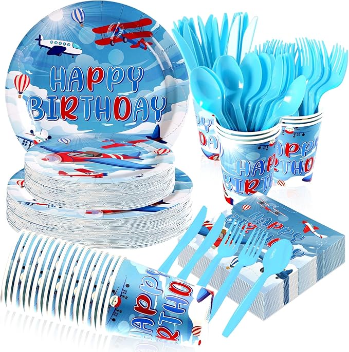 168Pcs Airplane Birthday Party Supplies Red and Blue Airplane Plates Napkins Cups Little Explorer Tableware Sets Pilot Plane Theme Decorations for Baby Shower Birthday Party Decorations Serves 24