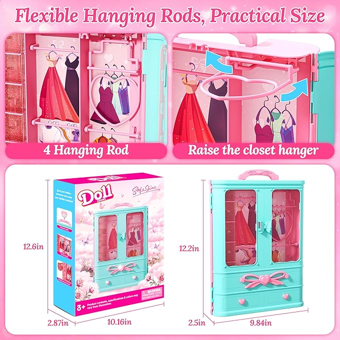 70 Pcs Doll Closet with Clothes & Accessories Set,2 Wedding Gowns 6 Fashion Dresses 2 Casual Outfits 2 Swimsuit 10 Shoes 20 Hanger 27 Accessories,Dress up Toys for Girls Kids Birthday Gift
