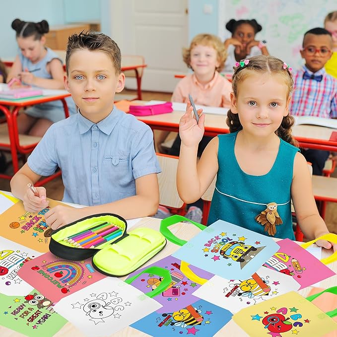 Back to School Coloring Goodie Bags for Kids - 24Pcs Welcome Back Bulk Color Your Own Gift Bags with Handle First Day of School Reusable Coloring Bag Non Woven Tote Bag for Classroom Party DIY Crafts