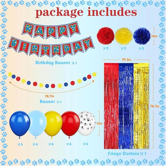 Paw Birthday Decorations, Dog Paw Birthday Party Supplies, Banner, Balloons, Foil Fringe Curtains, Paper Garland Pull Flower, Tissue Paper Pom Poms