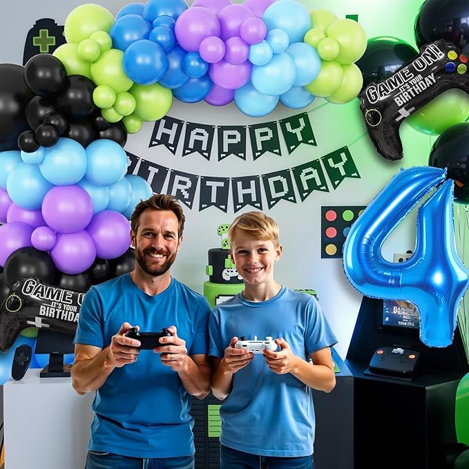 4th Birthday Video Game Balloons Arch, 4th Game Party Balloons Garland Kit 4th Game Birthday Supplies with Blue Number 4 Balloon for 4 Year Old Teens Boys Birthday Decor