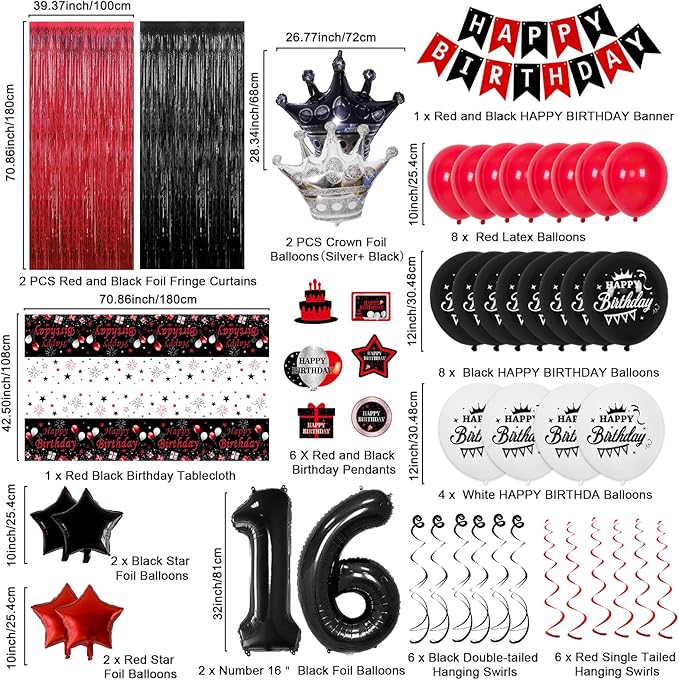 16th Birthday Decorations for Boys and Girls Red Black, Sweet 16 Party Decorations-Happy 16th Birthday Banner Number 16 Balloon Foil Crown Balloon Hanging Swirls Fringe Curtains Tablecloth