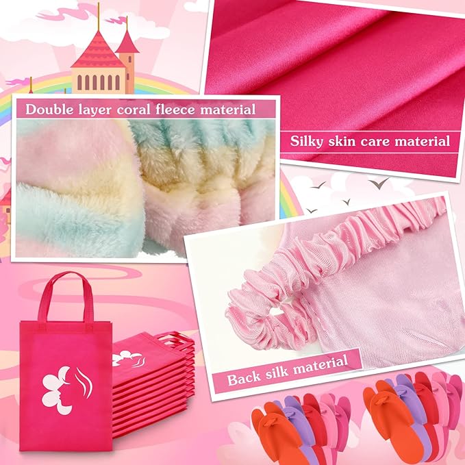 Bonuci 50 Pcs Spa Party Supplies for Girls, 10 Satin Robe 10 Kids Slippers Sleepover Birthday Spa Party Favors