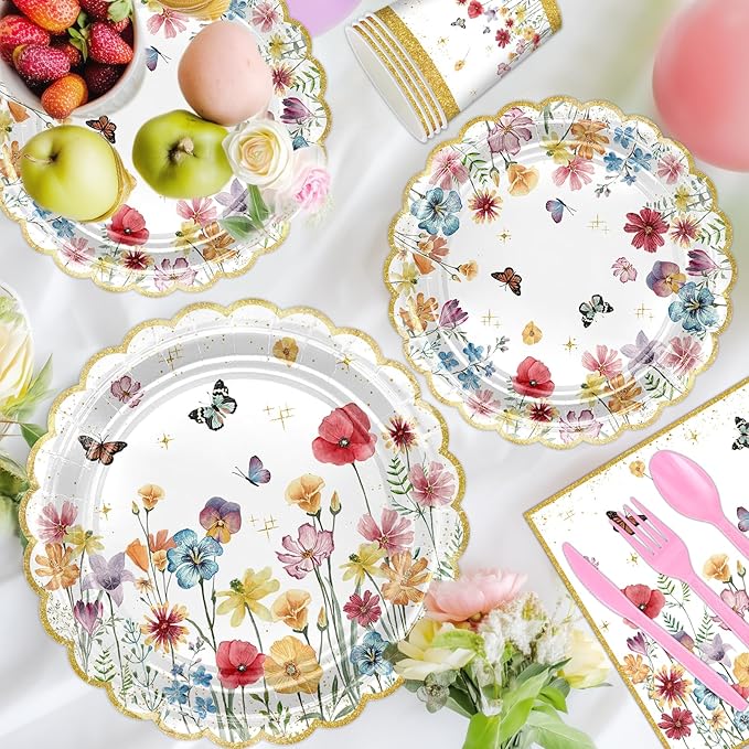 Avezano 168 PCS Wildflower Party Decorations Spring Floral Butterfly Plates Napkin Tableware Set for Girls Wildflower Birthday Baby Shower Supplies, Serves 24