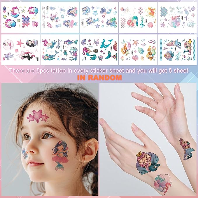 308Pcs Mermaid Birthday Party Decorations Set, Serves 24 Includes Plates, Napkin, Fork, Cup, Tablecloth, Banner, Backdrop, Tattoo, Mermaid Foil Balloons Arch for Party Supplies