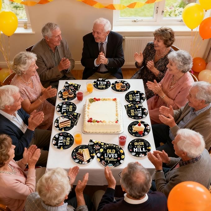 96Pcs Old Lives Matter Decoration Over The Hill Birthday Plates and Napkins Gold Black Funny Retirement Decoration Favor for Men Women 50th 60th 70th 80th Retirement Birthday Party Supplies Serves 24