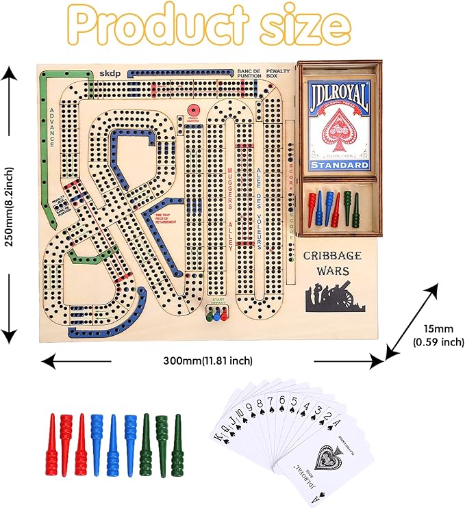 Cribbage Wars Board Game,2025 Wooden Cribbage Board Game Set Traps Games Classic Night Bar Games for Families with Built-in Storage Compartment for Cribbage Pegs
