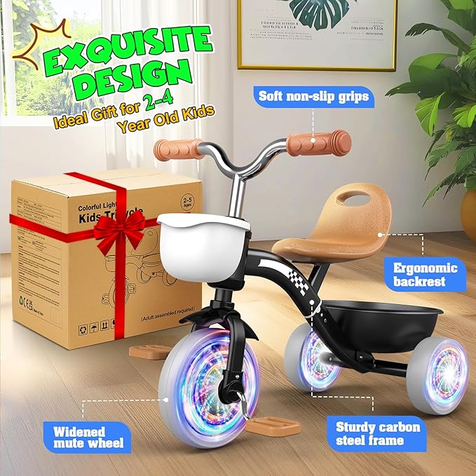 Toddler Tricycle for 1-3 3-4 Year Olds, 2 3 4 Year Old Boy Girl Birthday Gifts, Toddler Baby Bike, 3-Level Adjustable Seat, 3 Color Light Wheels, 2 Baskets, Outdoor Riding Toys for Ages 2-4