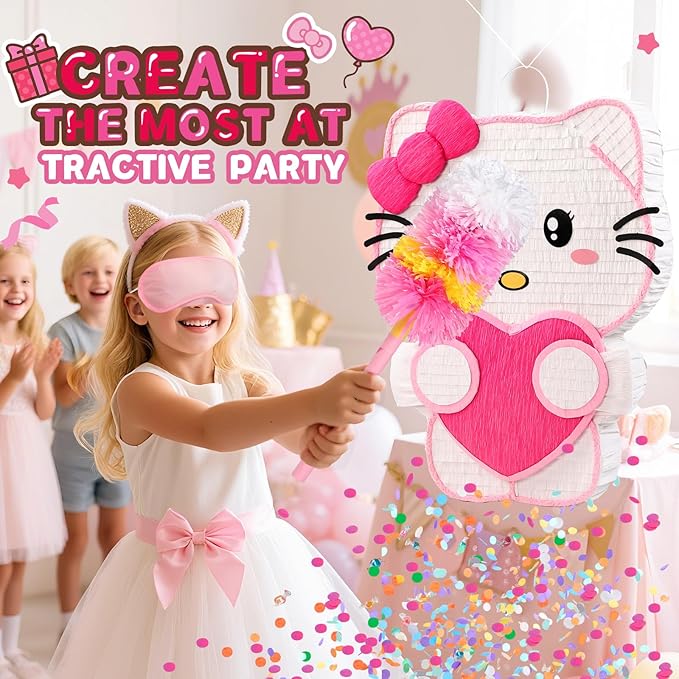 21" Pinata for Birthday Party - 3D Pink Large Pinata, 24" Bat Stick, Eye Mask, Rope - Cute Love Heart Design, Large Party Decoration & Candy Holder for Girls Kids Theme Party, Room Decor & Centerpiece