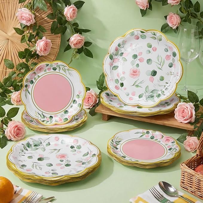 60 Pcs Eucalyptus Paper Plates 9 in and 7 in Pink Dessert Party Plates with Gold Rim Disposable Floral Shape Tableware for Wedding Birthday Party Baby Shower Bridal Shower
