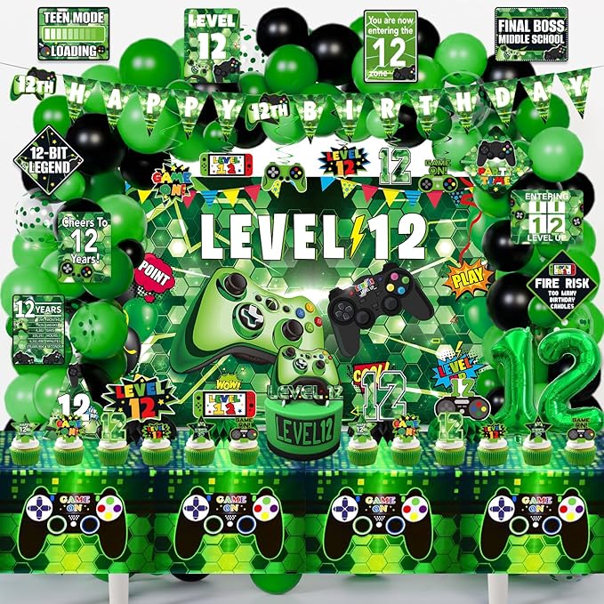 12th Birthday Decorations for Boys, 149Pcs Green Video Game level 12 Party Supplies for Boy 12th Birthday - Backdrop, Banner, Tablecloth, Centerpieces, Hanging Swirl, Hat, Wall Signs