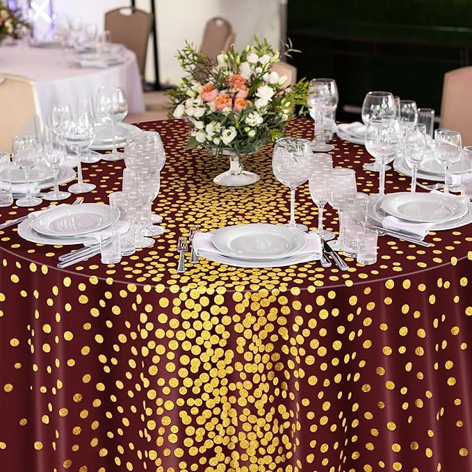 VitalCozy Round Dot Tablecloth 84 Inch Plastic Table Cover Polka Dot Confetti Tablecloths for Easter 2026 Graduation Prom Wedding Birthday Spring Party Supplies(Maroon and Gold,3 Pcs)