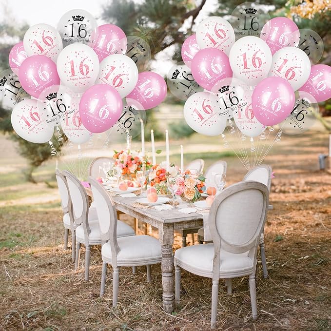 Sweet 16 Birthday Decorations for Girls, Pink White Happy 16th Birthday Party Latex Balloons, 15 Pieces 16th Birthday Decorations for Her Kids Age 16 Year Old Birthday Party Decorations Supplies