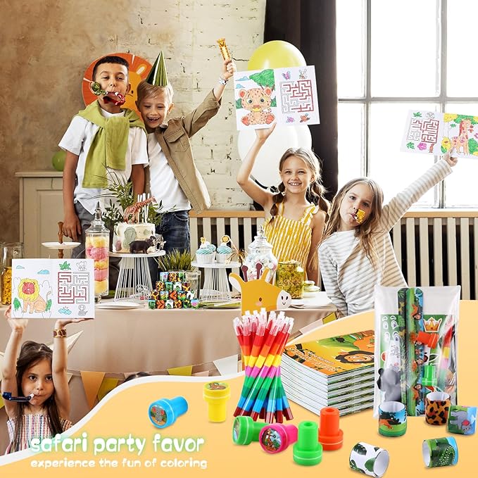 BenLouis 96Pcs Jungle Safari Party Favors Zoo Animals Coloring Books Crayons Sticker Stampers Slap Bracelets Set Bulk Classroom Prizes for Kids Wild One Party Baby Shower Goodie Bags Fillers