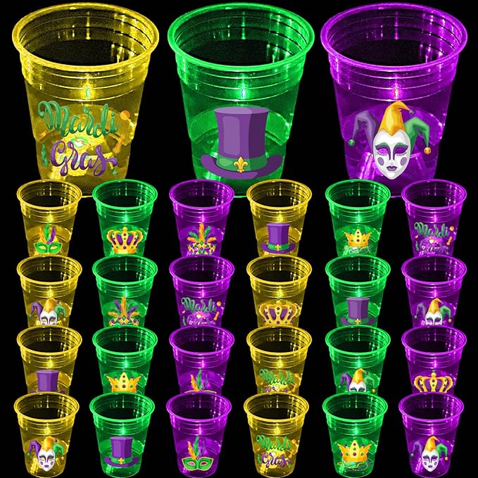 mishunyus 40 Pcs Mardi Gras Glow Cups for Party Theme Decorations, Party Favors Supplies, Accessories, Carnival Favors, New Orleans Style Party (16 oz)