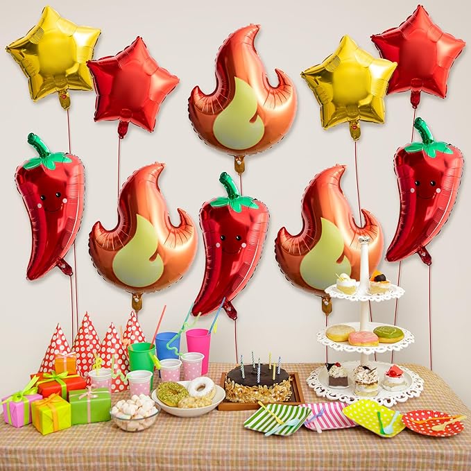 Xqumoi Chili Fire Foil Balloons Cook Off Contest Party Decoration, 8Pcs Chili Pepper Flame Aluminum Balloon Contest Tasting Competition Cinco De Mayo Mexican Fiesta Birthday Party Festival Supplies