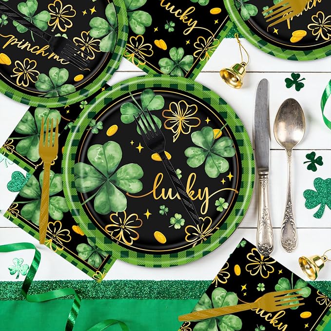 Rakuto St Patricks Day Plates and Napkins Decorations, 96PCS Lucky Green Shamrock Party Decoration, St Patrick's Day Disposable Forks Tableware Decor for Irish Birthday Holiday Serve 24