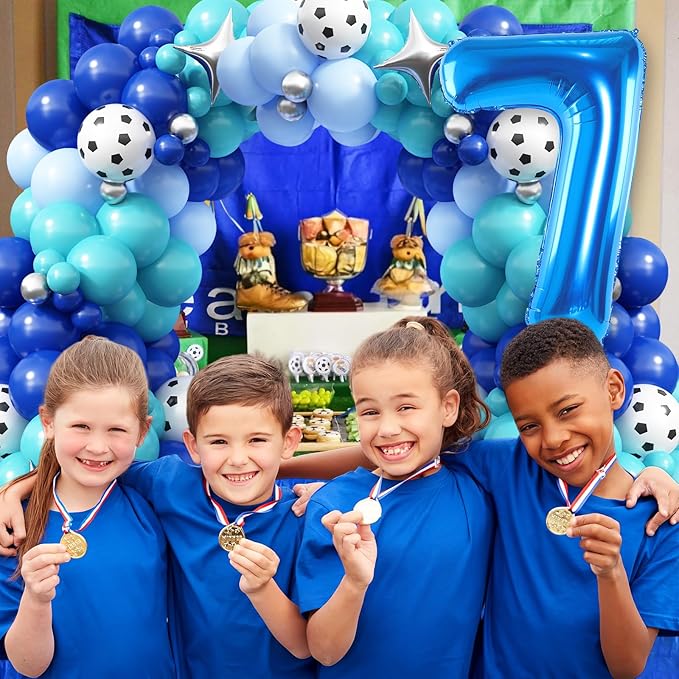 Soccer 7th Birthday Decorations for Boys, Royal Blue Teal Light Blue Balloon Garland Arch Kit with 40 Inch Blue Number 7 Balloon Tower, Soccer 7th Birthday Balloons for Kids Football Theme Party