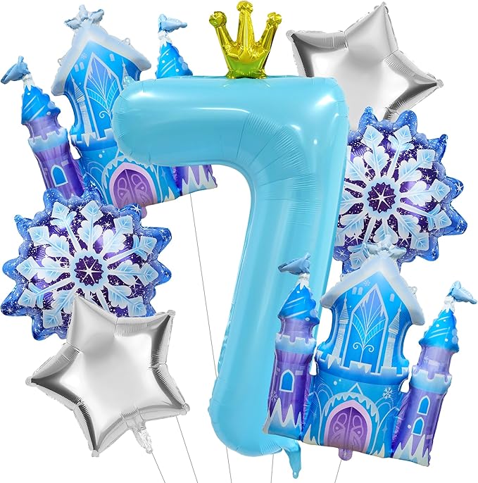 7Pcs 7th Birthday Party Decorations Balloons,Winter Snowflake Balloons Large Blue 40 Inch Number 7 Balloon Foil Star Castle Ballon for Birthday Party Favor Decor Supplies Winter Wonderland Decoration