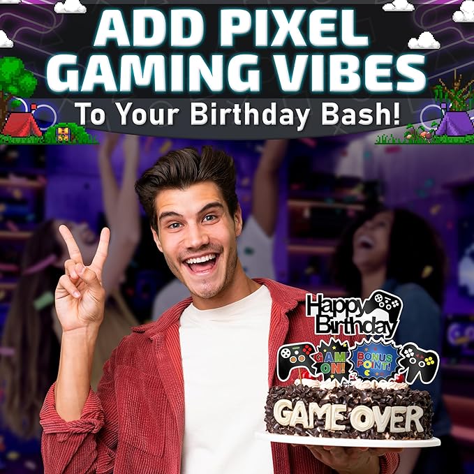 13 Pcs Gamer Cake Topper - Sturdy Cardboard Gamer Cake Decorations with Detailed Gamepads, Video Game Cake Topper Easy & Firm Installation Sticks - Splashy Video Game Decorations for Boys & Girls