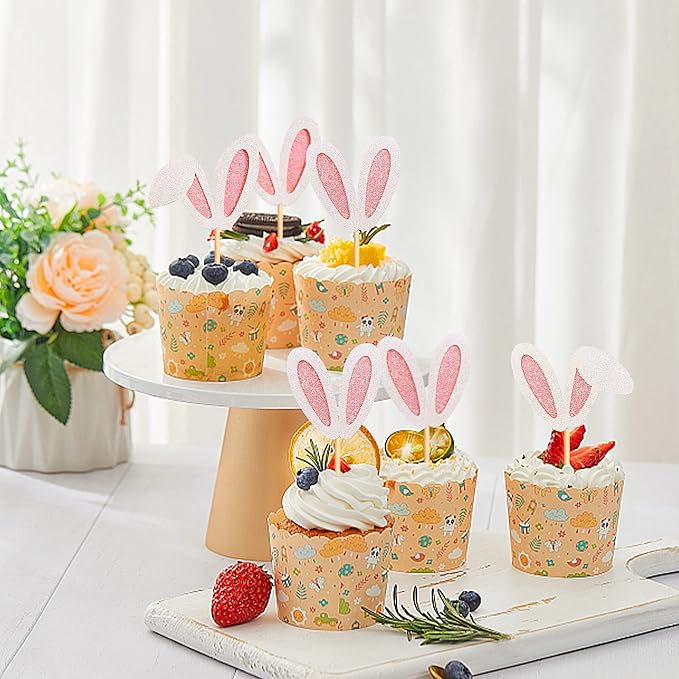 Ercadio 24 Pack Easter Bunny Ear Cupcake Toppers Glitter Pink Rabbit Ears Cupcake Picks Easter Bunny Cupcake Decors Rabbit Cake Toppers for Kids Girls Birthday Baby Shower Party Supplies