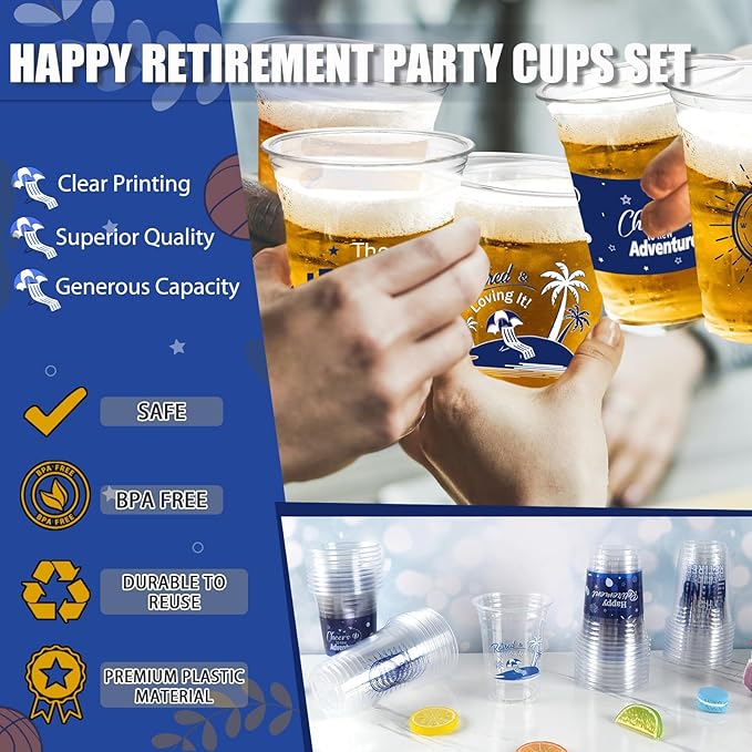 Retirement Party Decoration Cups, 50pcs 16 Oz Plastic Drinking Cups for Retirement Christmas Party Supplies Favors Women Men Snack Cup Bulk (Blue and Silver)