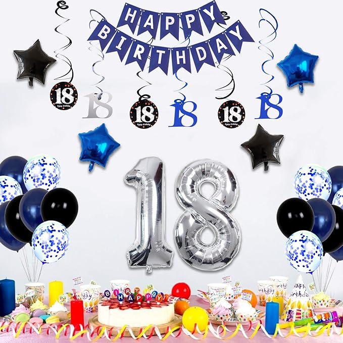 18th Birthday Decorations for Boys and Girls Dark Blue, HAPPY BIRTHDAY Banner Silver Number 18 Balloons, Deep Blue Theme Party for Him - 18 Years Old Birthday Party Supplies Kit for Her