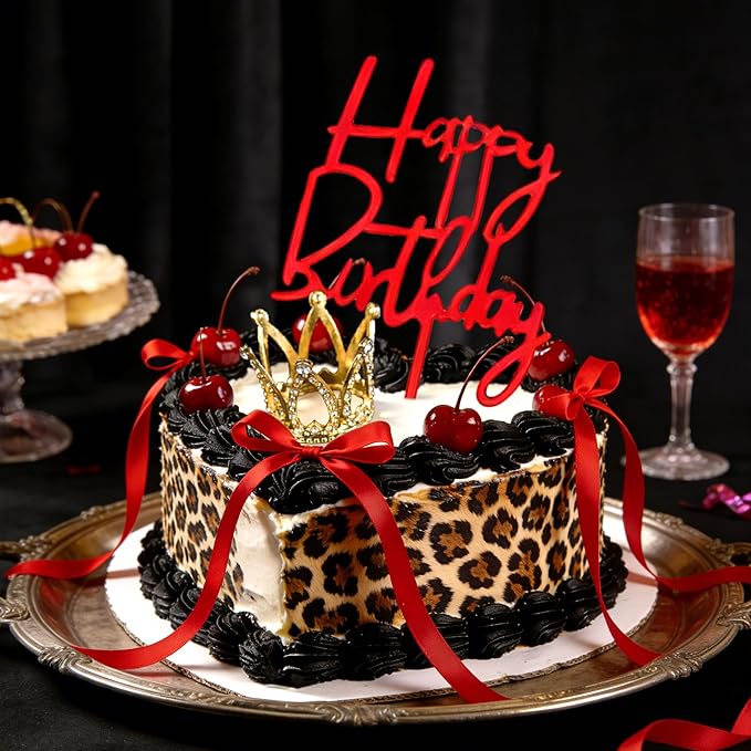 Cheetah Cherry Cake Topper Leopard Birthday Party Decor Red Bows Gold Crown Cake Decorations Cheetah and Cherry Birthday Bachelorette Party Supplies