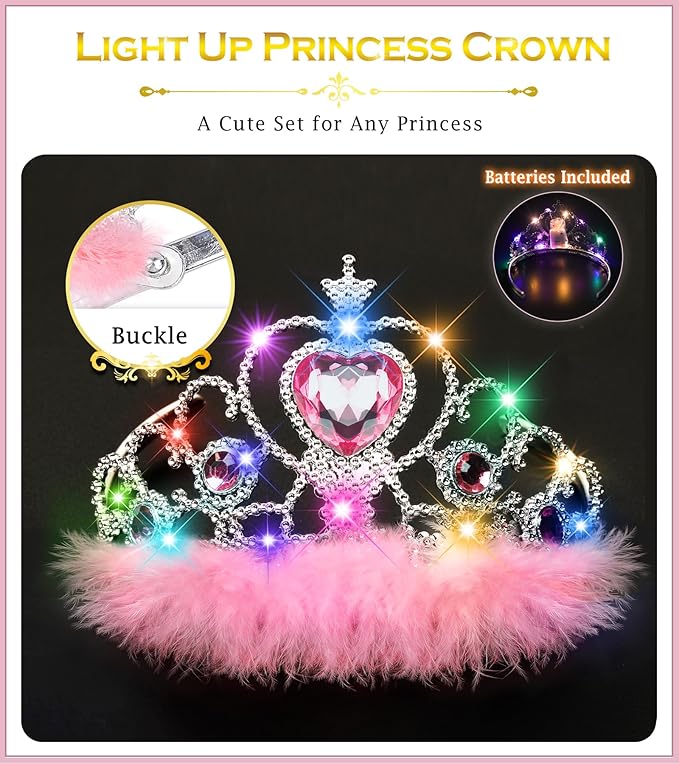 Princess Crown Tiara for Little Girls Princess Dress Up Accessories, Light Up Tiara Wand Toy Gifts for 3-6 Girl