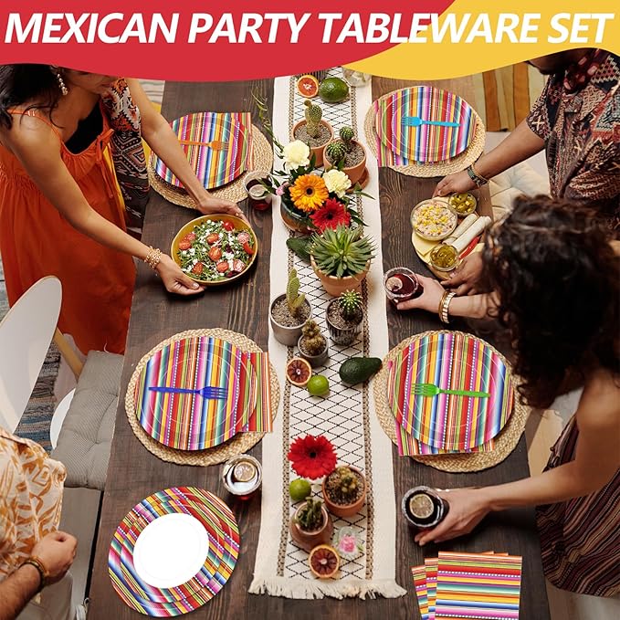 100 Pcs Mexican Fiesta Tableware Party Supplies Set, Serves 25 – Disposable Colorful Serape Striped Paper Plates, Napkins, and Forks, Cinco de Mayo, Taco Tuesday, Fiesta and Day of the Dead Decoration